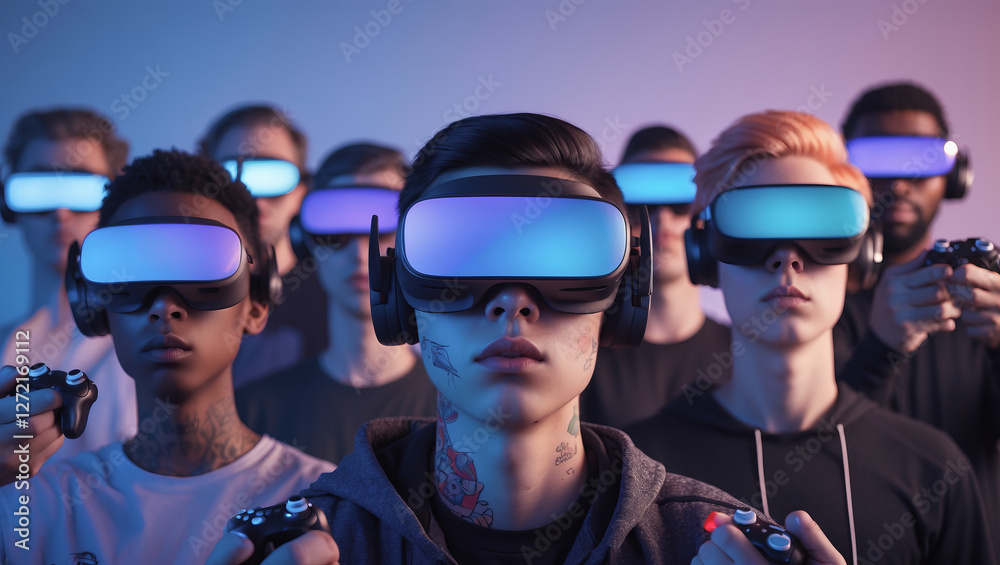 Group of young gamers immersed in virtual reality experience at a gaming event in the evening Group of young gamers immersed in virtual reality experience at a gaming event in the evening