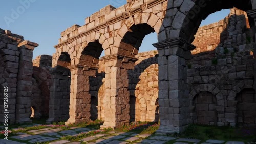 Sunlight illuminating ancient stone arches in historical ruins