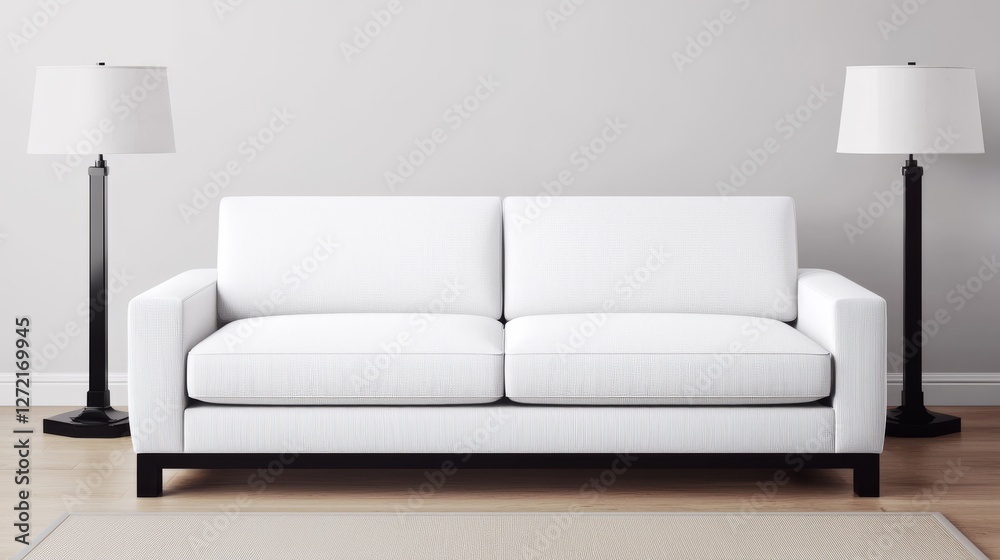 Fototapeta premium Modern White Sofa with Black Lamps in Minimalist Living Room Interior Design