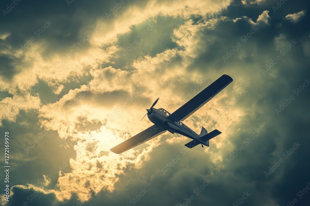 Soaring Aircraft: A Stunning View of an Airplane in Flight Amidst Cloudy Skies at Sunset Soaring Aircraft: A Stunning View of an Airplane in Flight Amidst Cloudy Skies at Sunset