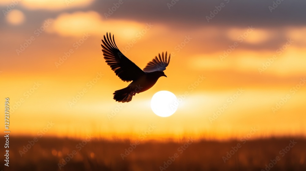 Fototapeta premium Bird in flight during vibrant sunset with glowing sun background
