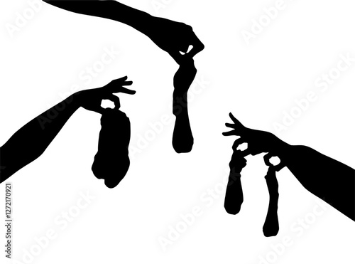 Hand holding dirty socks icon, smelly sock silhouette, sweaty cotton underwear, used dirty socks outline