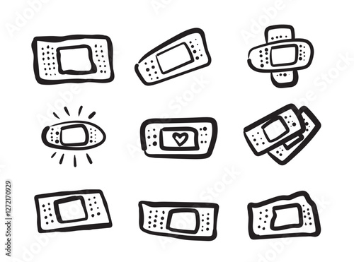 Bandage plaster icon, hand drawn medical patch symbol, band aid, ink brush sticking plasters