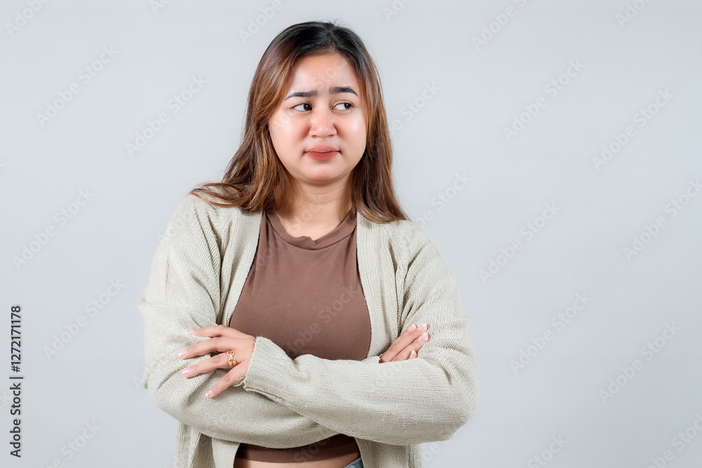A young woman stands with her arms crossed, with a serious and slightly skeptical expression on her face as she looks to the side. Conveying a sense of contemplation or mild disagreement A young woman stands with her arms crossed, with a serious and slightly skeptical expression on her face as she looks to the side. Conveying a sense of contemplation or mild disagreement