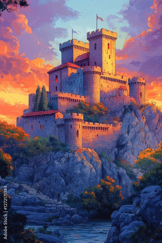 Fototapeta premium Majestic Medieval Castle Perched on Rocky Hill at Sunset with Dramatic Sky and Vibrant Foliage Surrounding the Stone Structure