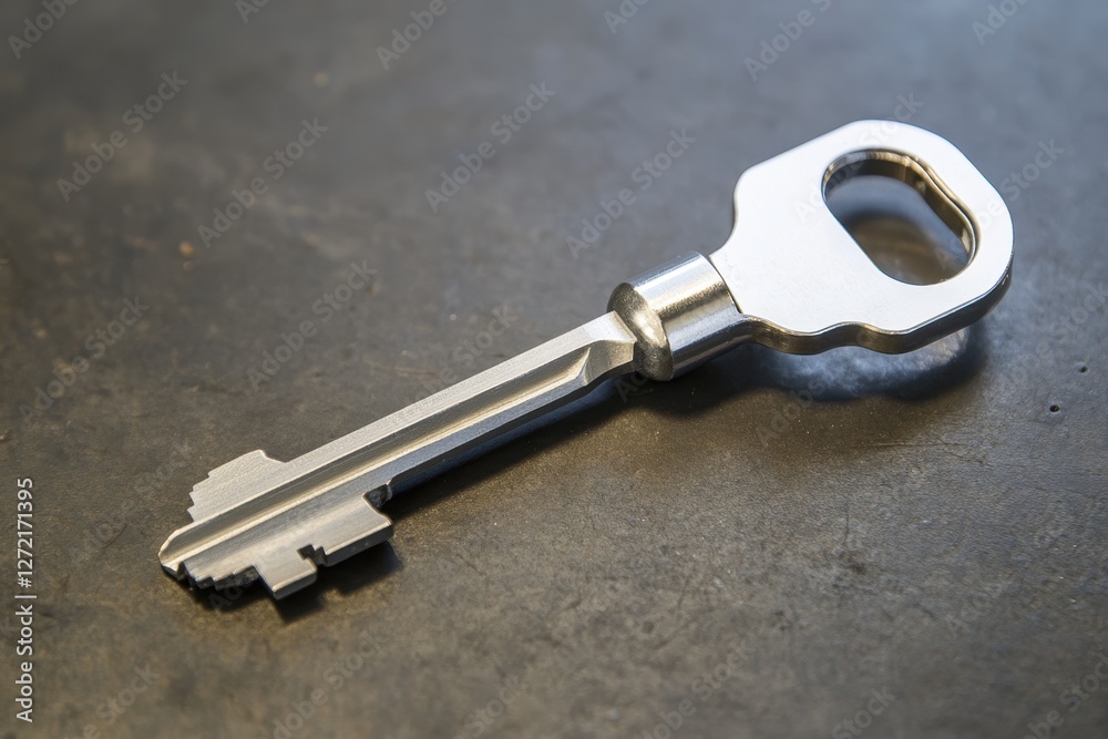 Shiny Metal Key for Home Access, Isolated with Open Door Concept Shiny Metal Key for Home Access, Isolated with Open Door Concept