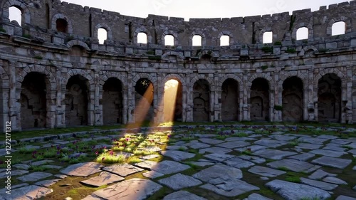 Sunlight streaming through ancient ruins in a serene amphitheater