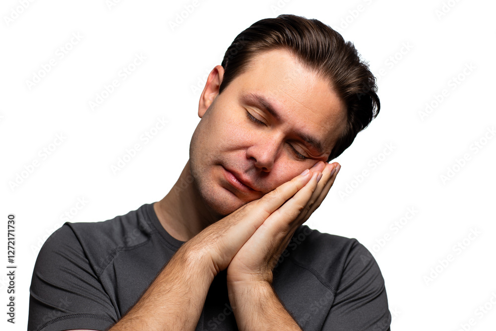 Young calm man sleeping portrait isolated on white Young calm man sleeping portrait isolated on white
