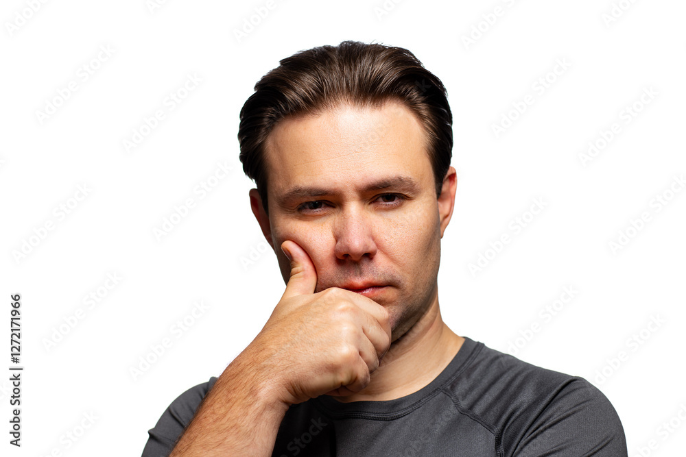 Young pensive and skeptical man portrait isolated on white Young pensive and skeptical man portrait isolated on white