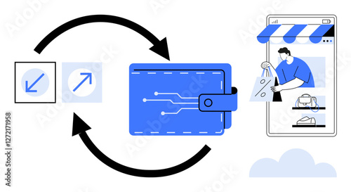 Digital wallet, two directional arrows, online shopping on mobile. Ideal for e-commerce, digital transactions, online payments, fintech, mobile banking, financial technology efficient shopping