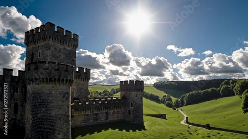 Castle towers standing majestically under bright sun and clouds
