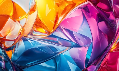 Abstract digital art with translucent, flowing shapes in vibrant shades of orange, blue and pink