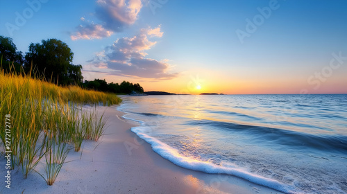 Serene Sunset Beach Scene with Soft Waves