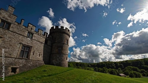 Castle standing majestically on hill under bright blue sky with clouds