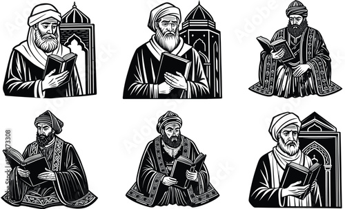 A set of pious man holding holy quran in his heart  silhouette art illustration