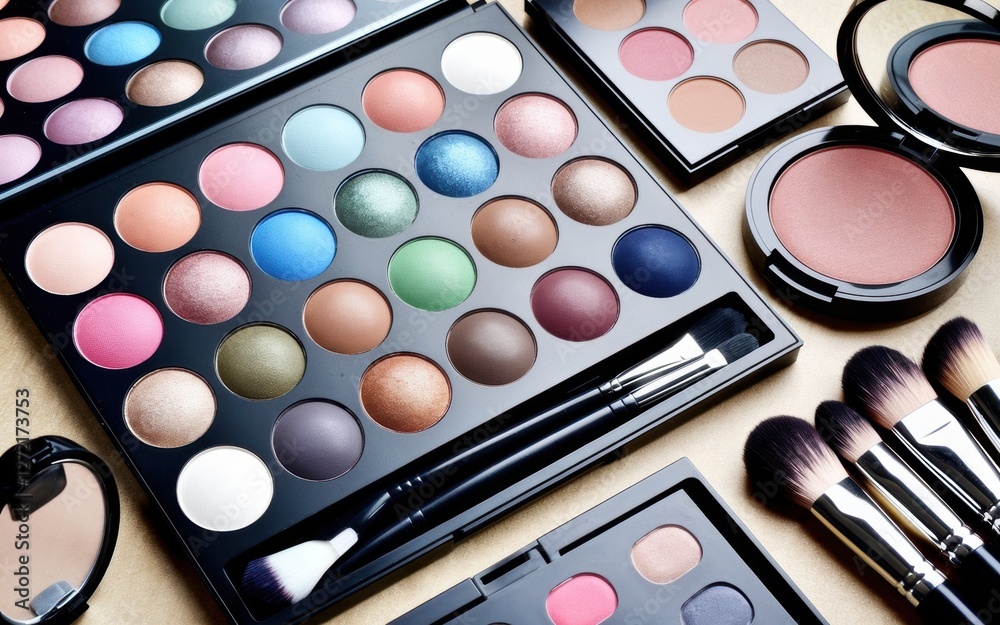 A variety of colorful eyeshadow palettes, blushes, and makeup brushes arranged on a tabletop, showcasing vibrant shades and makeup tools A variety of colorful eyeshadow palettes, blushes, and makeup brushes arranged on a tabletop, showcasing vibrant shades and makeup tools