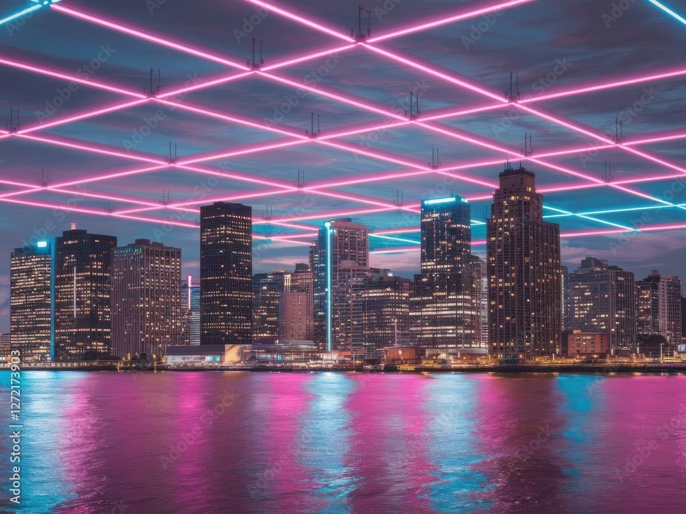 Fototapeta premium A vibrant city skyline at dusk, adorned with glowing pink and blue grid lights above reflecting on the water below