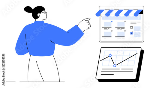 Person pointing at an online storefront interface while also reviewing data charts on another screen. Ideal for e-commerce, analytics, digital marketing, user experience, online shopping, business