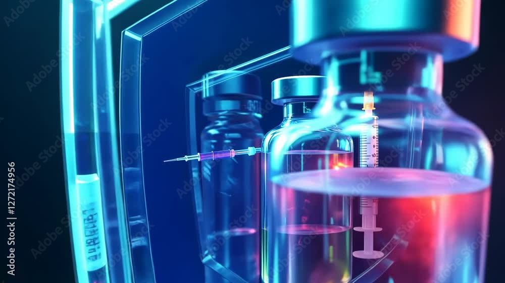 Futuristic medical technology: glowing syringe and vial sequence in laboratory setting Futuristic medical technology: glowing syringe and vial sequence in laboratory setting