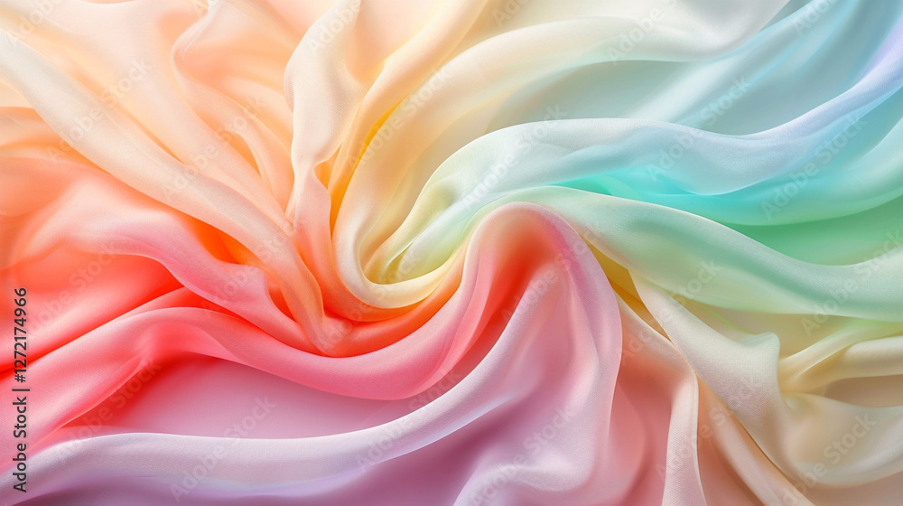 Fototapeta premium Colorful silk fabric displays a soft, flowing texture with gentle pastel hues blending together beautifully in a circular pattern