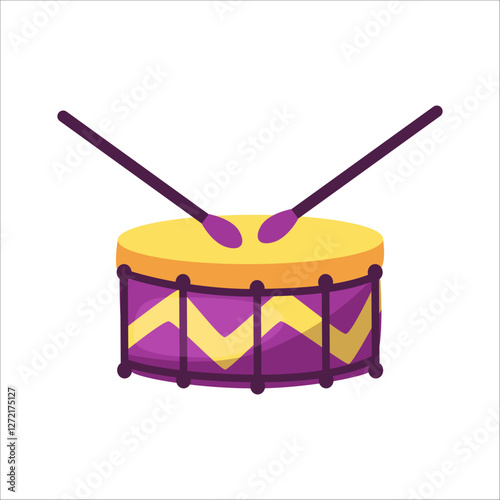 Children carnival drum with drumsticks on a white background. Musical instrument for music school, carnival, holiday, street parade. Isolated vector illustration.