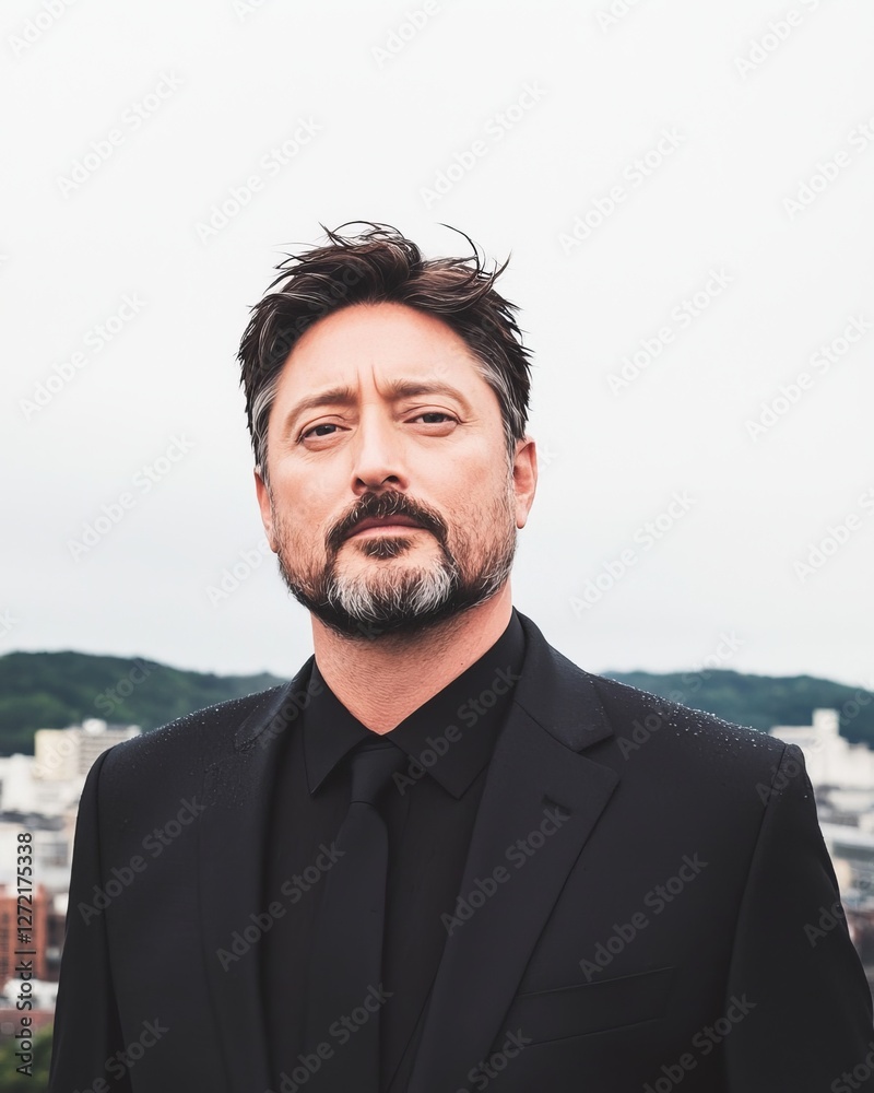 Fototapeta premium Confident Man in Suit with Urban Skyline Background