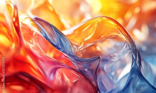 Abstract fluid art with vibrant orange, blue, and red hues creating dynamic swirls and waves