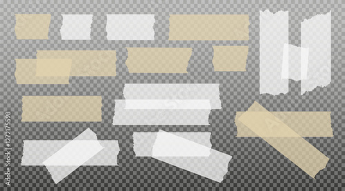 Scotch tape. Sticky paper tape. Adhesive Transparent sticky stripe. Sticker for collage, fixing photo notes. Vector