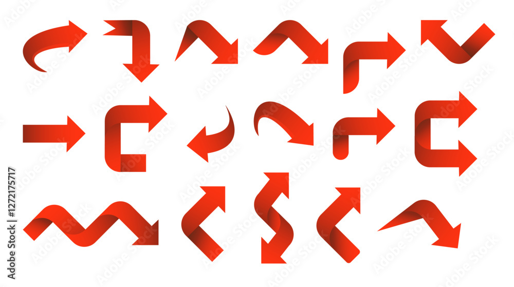 Set red arrow 3D icons pointing up down left right. Vector Set red arrow 3D icons pointing up down left right. Vector