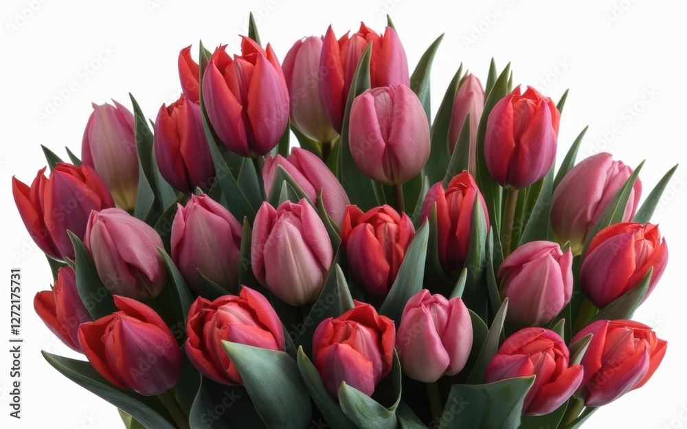 A vibrant bouquet of pink and red tulips with lush green leaves, elegantly arranged against a bright background A vibrant bouquet of pink and red tulips with lush green leaves, elegantly arranged against a bright background