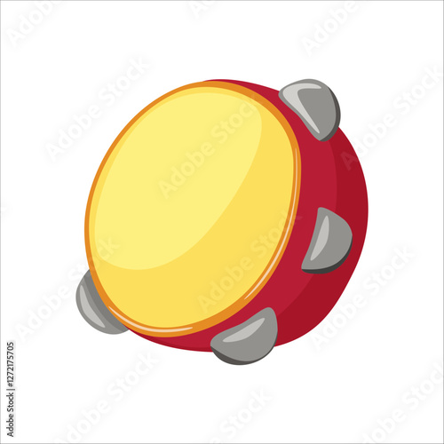 Vector red tambourine on a white background. Musical instrument for music school, carnival, holiday, street parade.  Isolated.