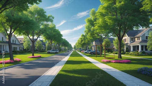 Wallpaper Mural Beautiful suburban neighborhood with trees and well-kept lawns on a sunny day Torontodigital.ca