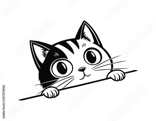 cute cartoon cat peeking over a line with big eyes and curious expression, perfect for children's illustrations or playful designs