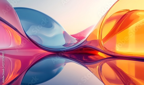 Abstract flowing shapes in vivid pink, blue and orange colors with reflective surface