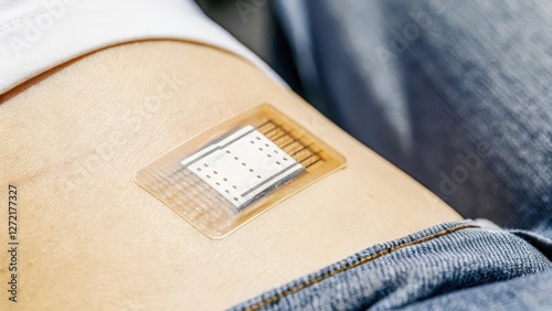 A closeup view of a dermal patch adhered to the skin embedded with microfluidic sensors that analyze sweat composition to track hydration and electrolyte levels. The patchs