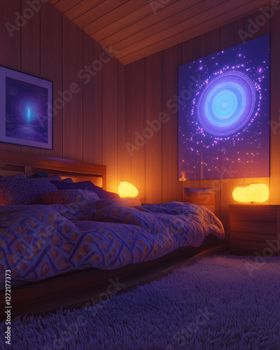 70s-inspired retro bedroom with holographic dream enhancer photo