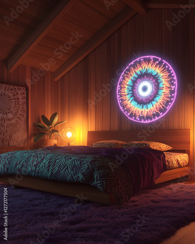 70s-inspired retro bedroom with holographic dream enhancer