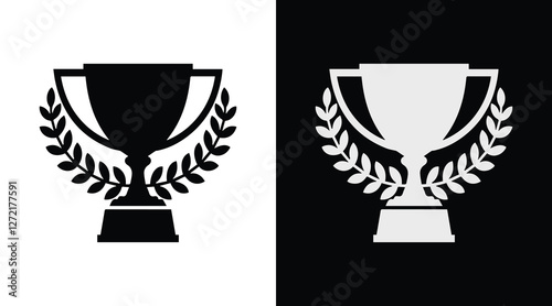 black and white trophy icons with laurel wreaths on contrasting backgrounds, perfect for sports or achievement-themed designs
