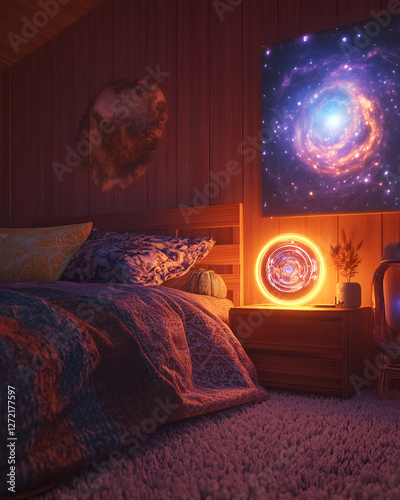 70s-inspired retro bedroom with holographic dream enhancer