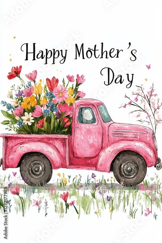 Fototapeta Naklejka Na Ścianę i Meble -  Pink vintage truck carrying flowers for mother's day