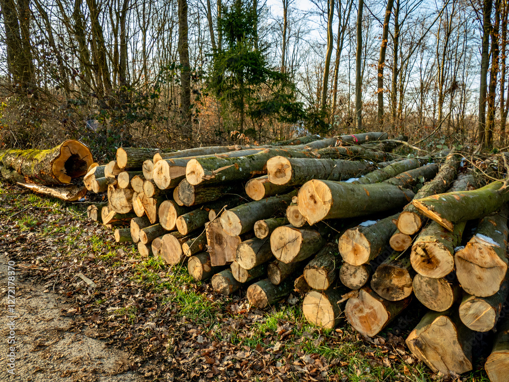 Gefällte und markierte Baumstämme im Wald Gefällte und markierte Baumstämme im Wald