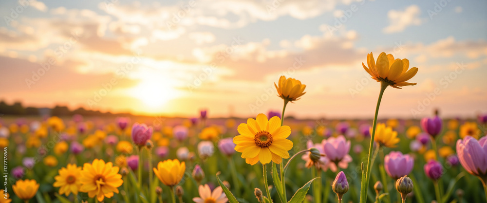 Obraz premium Vibrant field of colorful flowers basking in golden sunset light, evoking a sense of tranquility and renewal, representing the beauty of spring and the Easter Season’s themes of rebirth