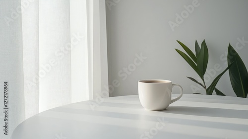 Wallpaper Mural White cup of coffee on table near window with plants. Interior. Background. Stock photo Torontodigital.ca
