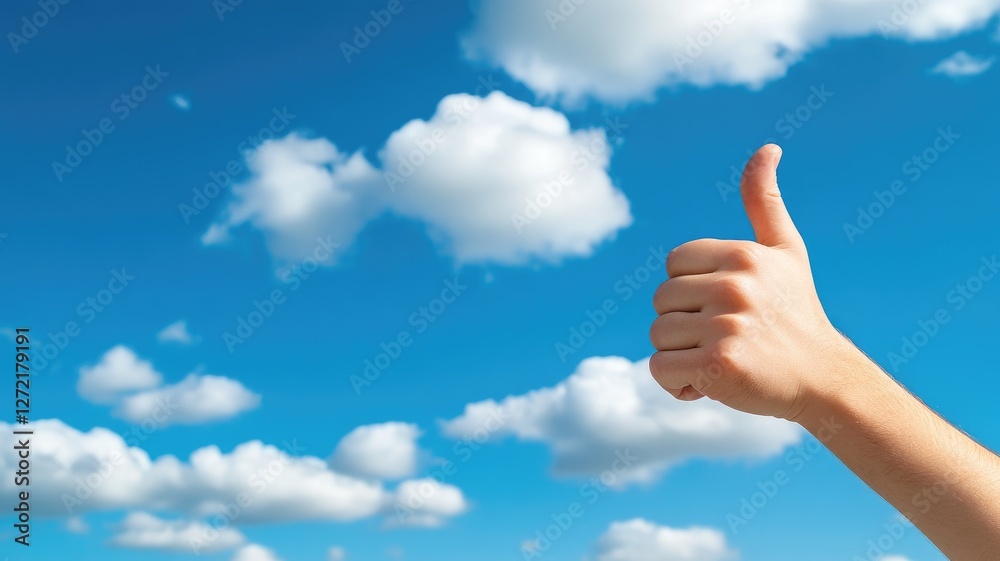 Hand gives thumbs up against bright blue sky with white clouds, symbolizing approval and positivity Hand gives thumbs up against bright blue sky with white clouds, symbolizing approval and positivity