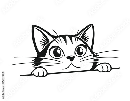 cute cartoon kitten peeking over a ledge with wide eyes and curious expression, perfect for pet-themed designs and children's illustrations