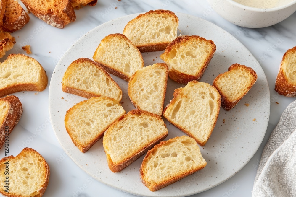 A plate of freshly sliced bread pieces arranged neatly on a marble surface. A plate of freshly sliced bread pieces arranged neatly on a marble surface.