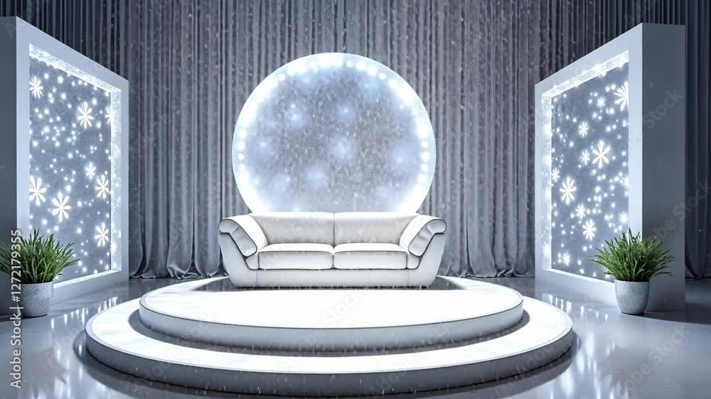 a white couch on a circular platform in a modern, minimalist room with a large circular window and white curtains.
