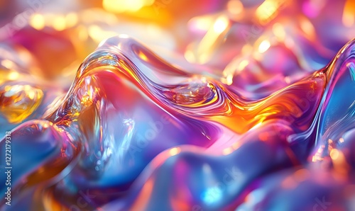 Abstract waves of glossy fluid in shades of purple, orange and blue with bokeh lights