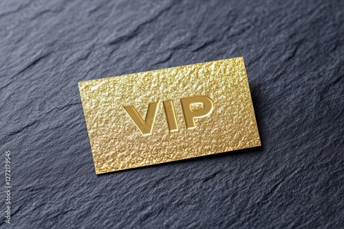 Elegant gold VIP card showcasing a metallic finish and embossed lettering, set against a rich black textured background. This design embodies luxury and exclusivity.