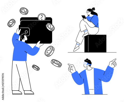 Person holding oversized wallet with coins, person sitting with phone, and individual using VR headset. Ideal for digital finance, online banking, e-commerce, technology, virtual reality, fintech